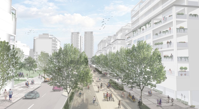 דמיית תכנית ח-538-א איזור התעשייה הקטן בחולון - מבט צפוני לפארק. קרדיט-יער אדריכלים