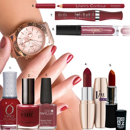 . לק - אורלי. 2. לק - שיק תמרוקים. 3. לק - סי.אן.די. 4. שפתון - פופה. 5. שפתון - בועז שטיין. 6. עיפרון שפתיים - בורוז'וואה. 7. גלוס - בורוז'וואה. 8. גלוס - ג'ייד