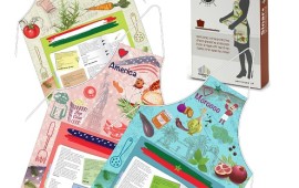 סינרים בעיצוב ייחודי עליהם תפורים מתכוני בישול ואפייה מגוונים